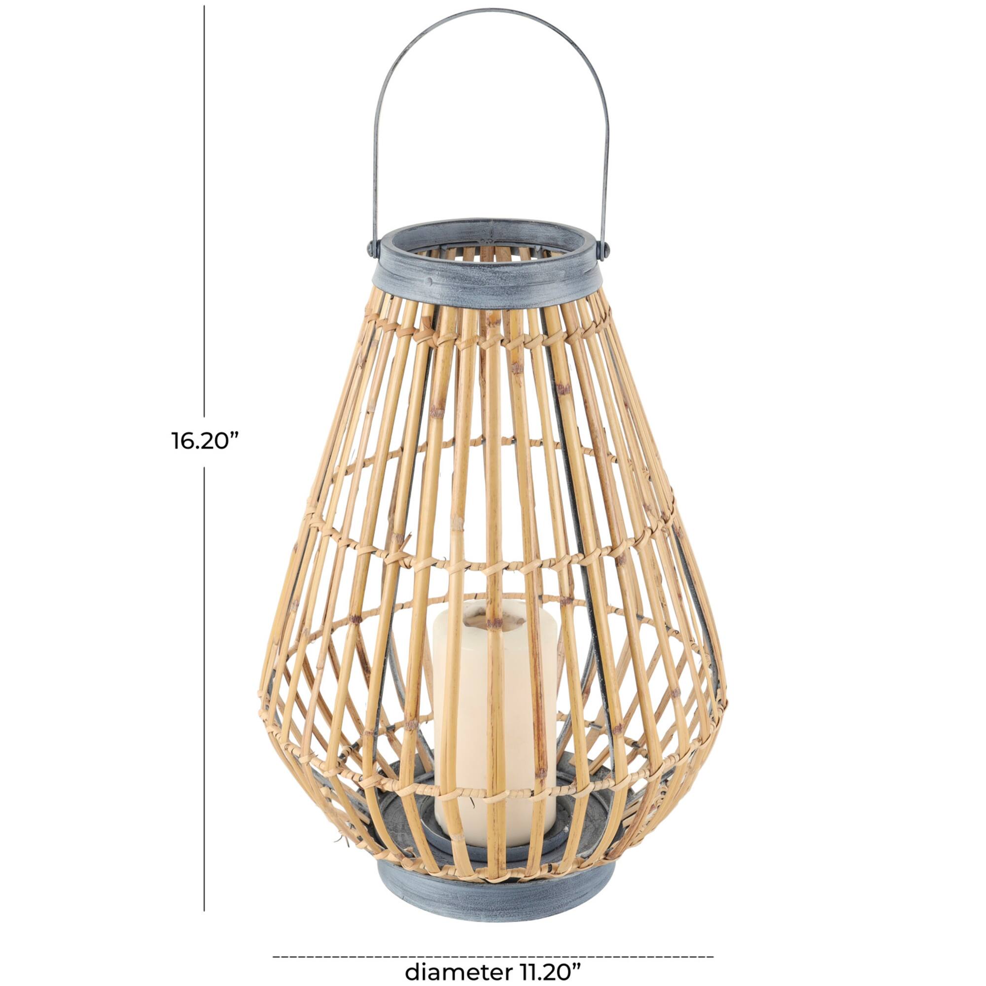 16" Brown Bamboo Handmade Open Framed Candle Lantern with Blue Metal Accents & Handle